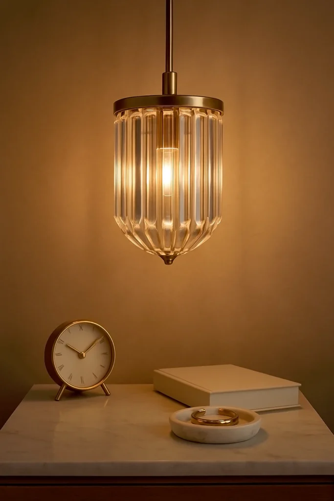 Elegant brass pendant lighting adds warmth and glamour to a compact bedroom.