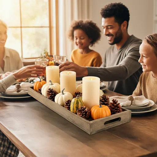 Pumpkins and Candles in a Wooden Tray
