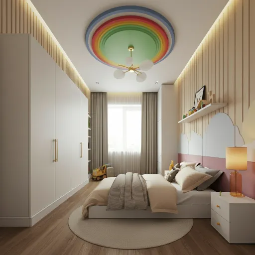 Striped Ceiling Dazzles Kids Rainbow Bedroom