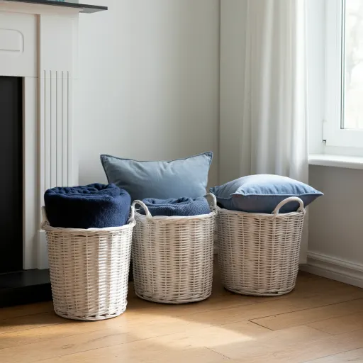 White Wicker Baskets with Blue Accents