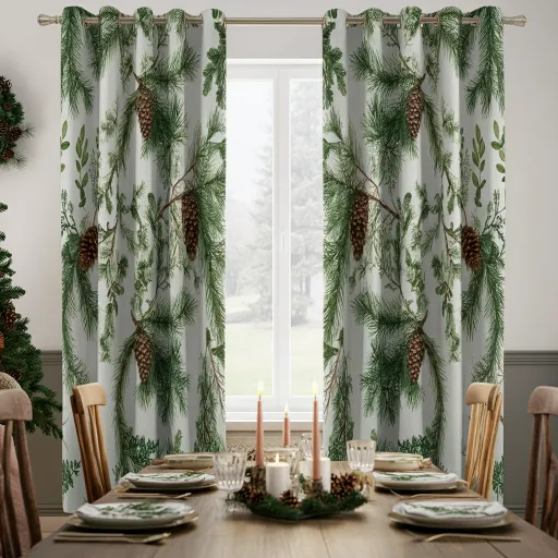 Green Christmas Garlands Printed Curtains