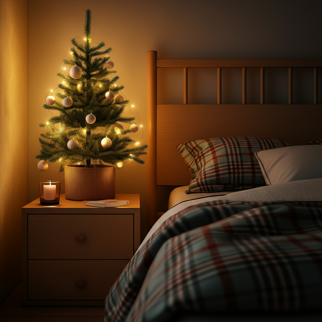 Add a Mini Christmas Tree Beside the Bed