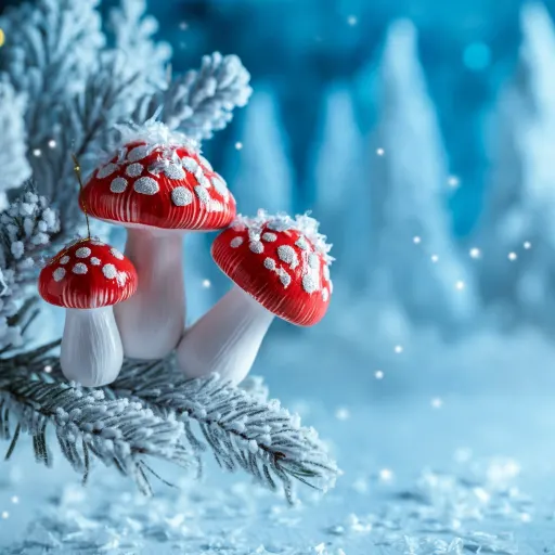 Painted Mushrooms In Snowy Forest Style