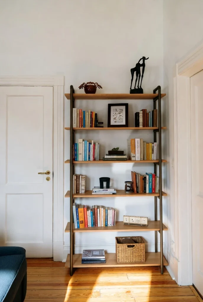 Sculptural Bookshelf Framed by White Doors