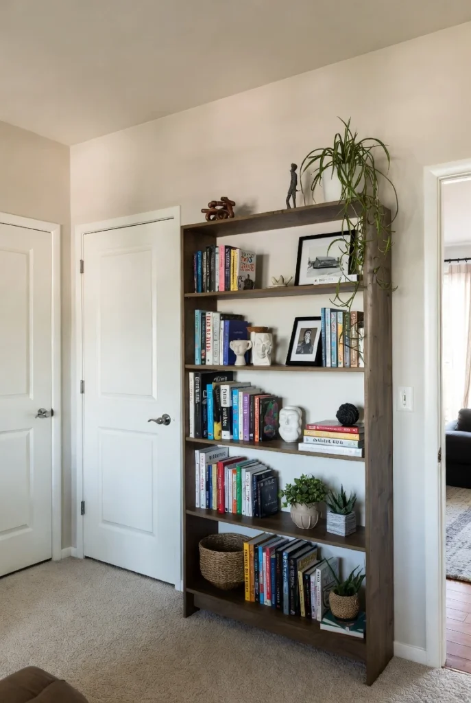 Eclectic Bookshelf Between White Doors