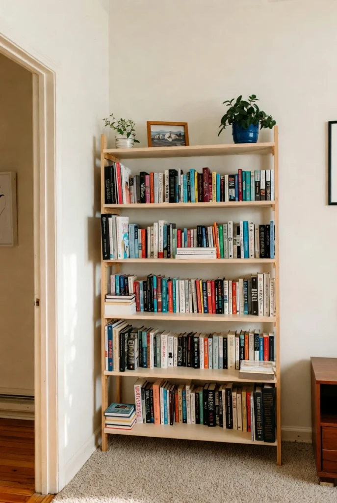 Warm Wooden Corner Bookshelf Display