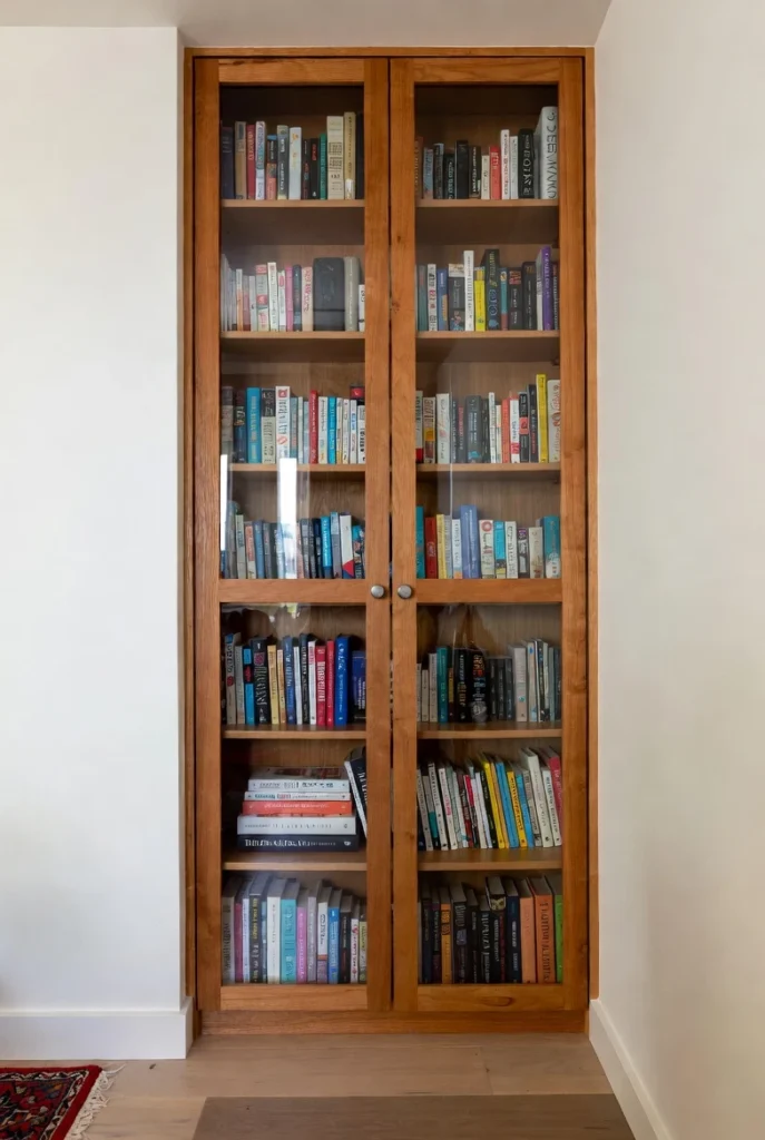 Recessed Glass-Door Bookshelf with Variety