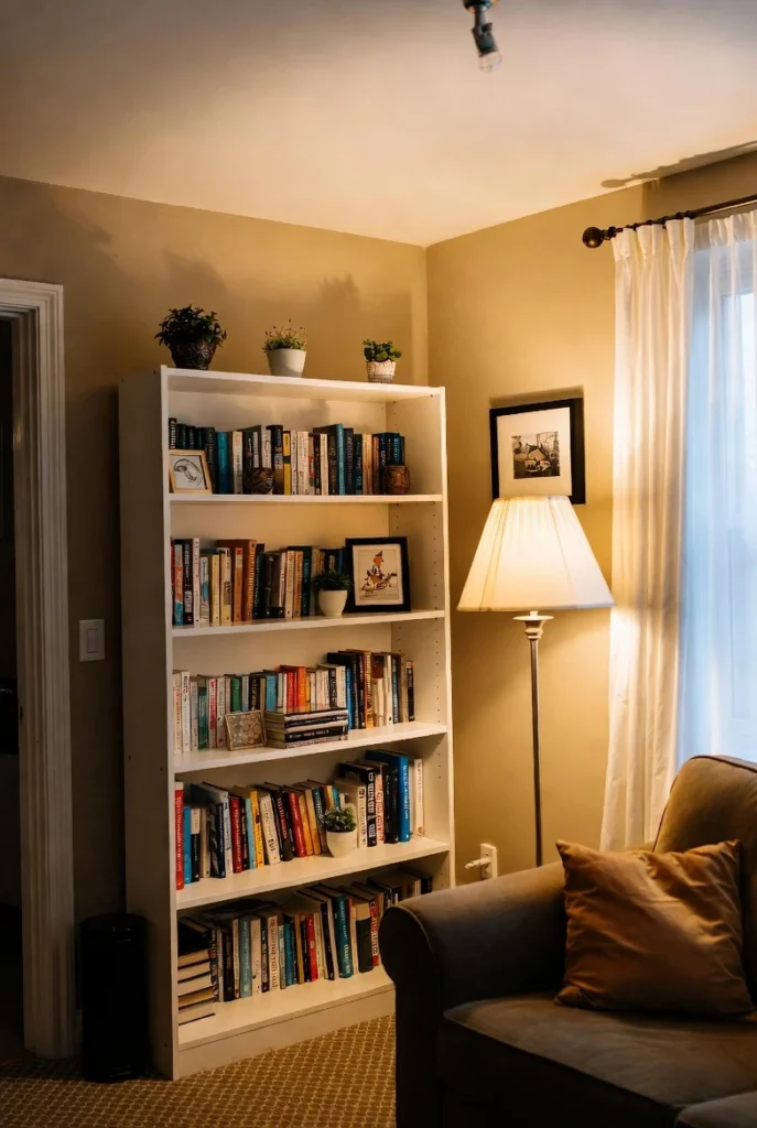 White Bookshelf Corner with Cozy Lighting
